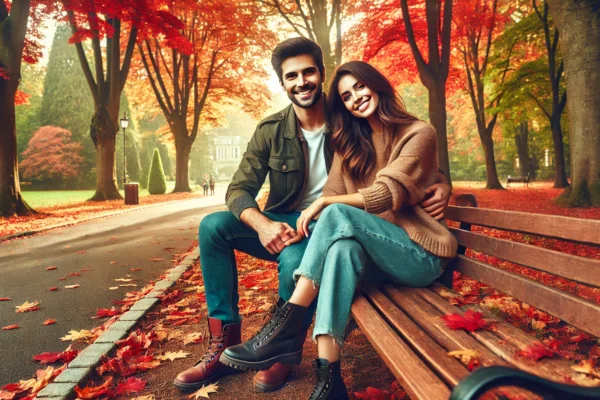 A couple sitting together on a bench in a park during autumn, surrounded by vibrant, colorful leaves. They are smiling and holding hands, symbolizing the beauty of true relationships built on embracing imperfections and mutual support.