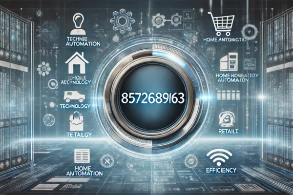 Futuristic digital interface showcasing the number 8572689163 with icons representing technology, home automation, retail, and efficiency, set against a sleek blue and white background.