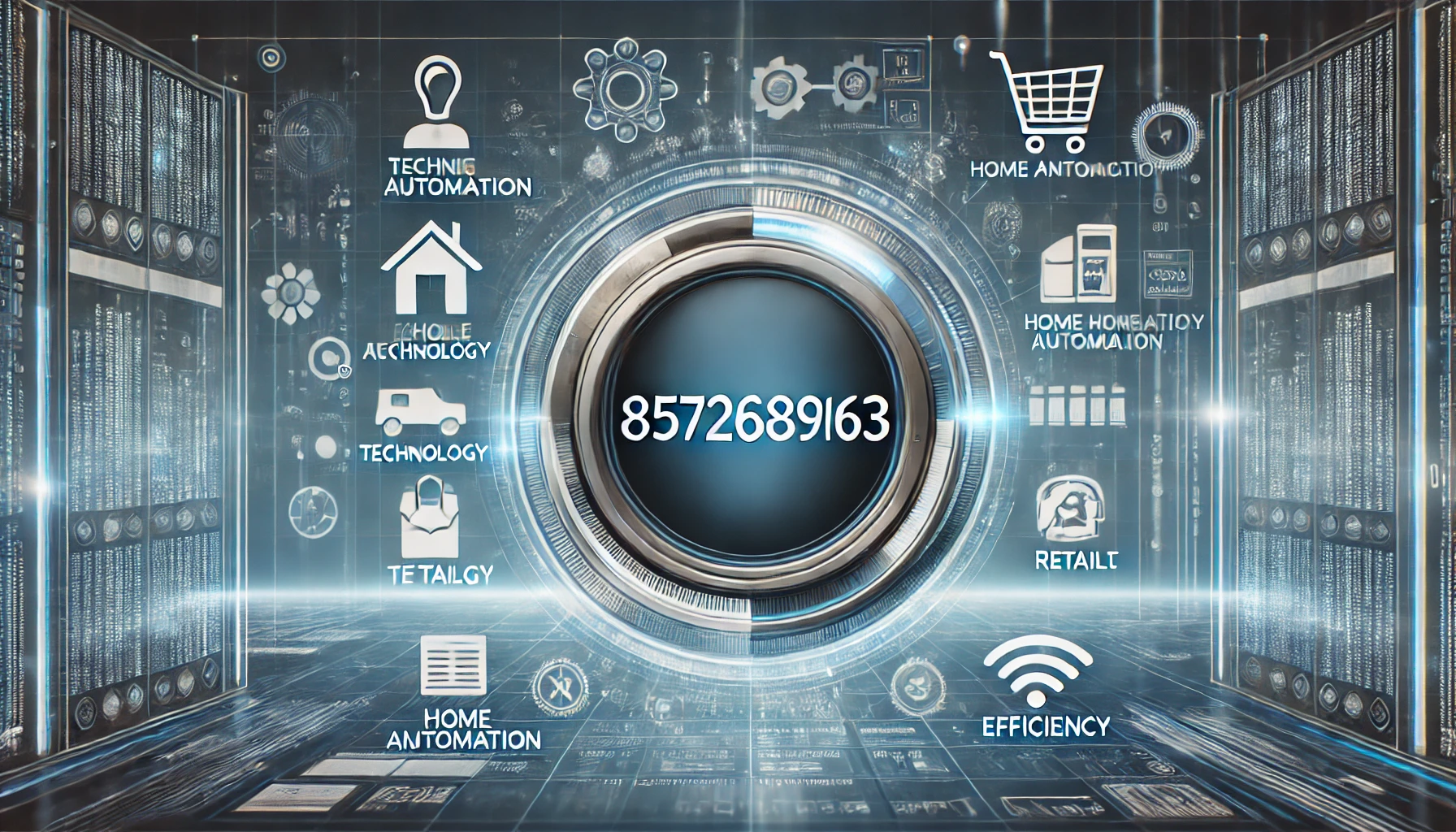 Futuristic digital interface showcasing the number 8572689163 with icons representing technology, home automation, retail, and efficiency, set against a sleek blue and white background.