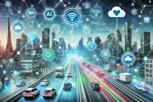 Futuristic city with interconnected technologies representing AI, blockchain, IoT, and cloud computing, symbolizing RJcnrj impact on various industries.