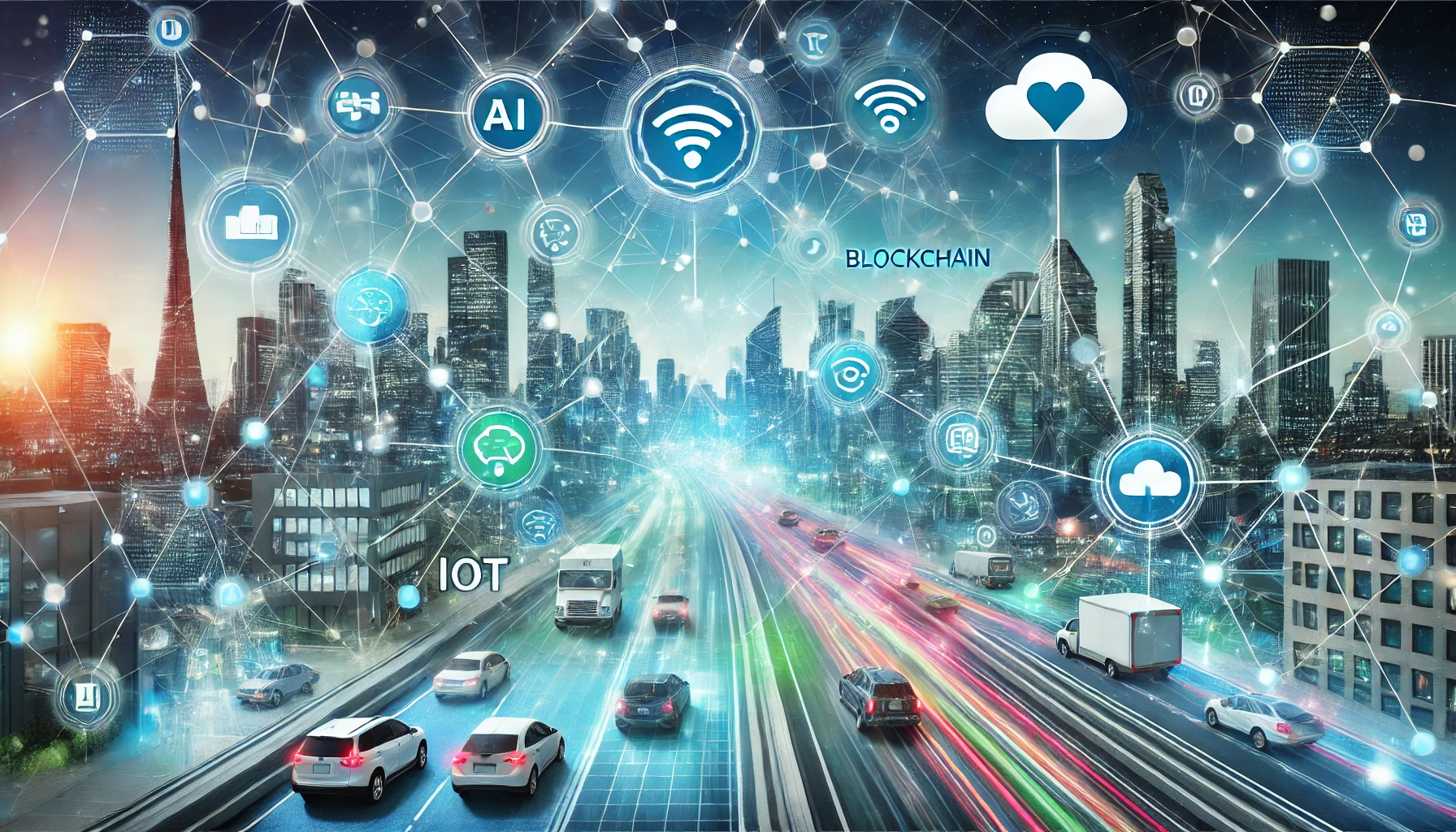 Futuristic city with interconnected technologies representing AI, blockchain, IoT, and cloud computing, symbolizing RJcnrj impact on various industries.