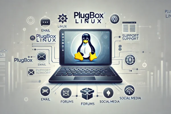 Illustration of a Linux-themed laptop displaying the Plugboxlinux logo with icons for email, forums, and social media support channels.