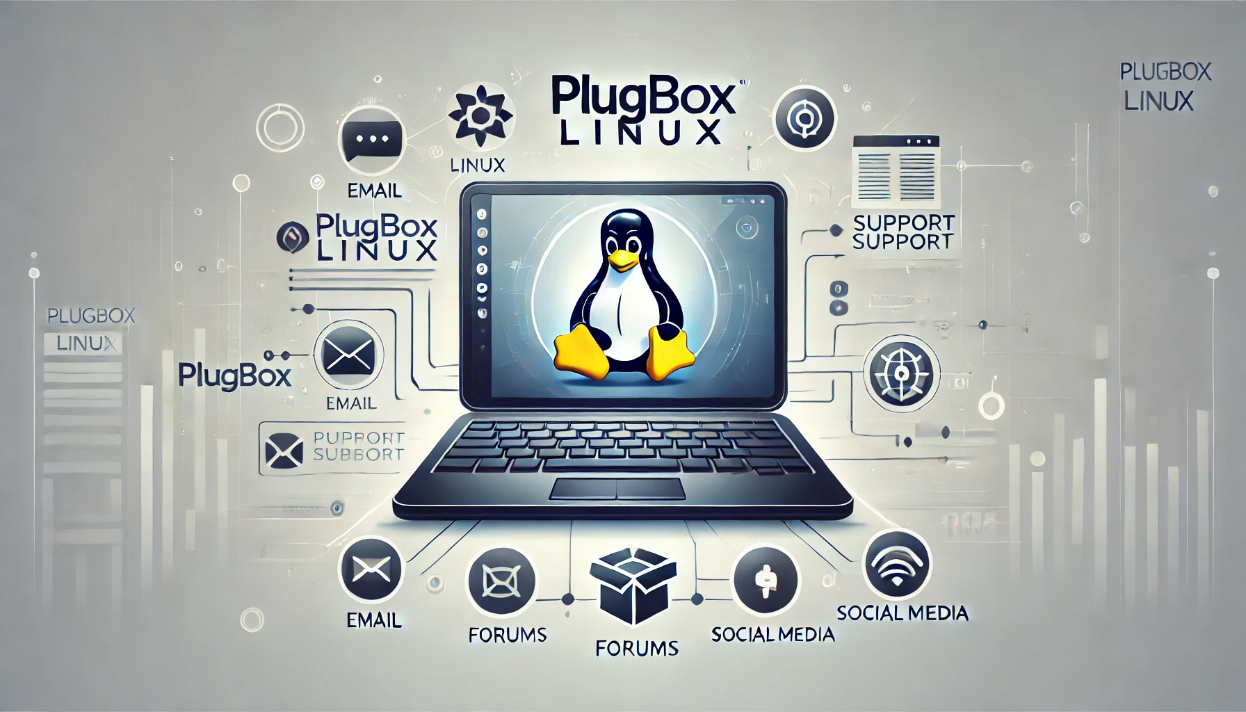 Illustration of a Linux-themed laptop displaying the Plugboxlinux logo with icons for email, forums, and social media support channels.