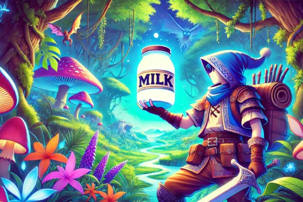 "Medieval adventurer in a lush, mystical forest holding a glowing container of magical milk, representing milk hunting in another world raws."