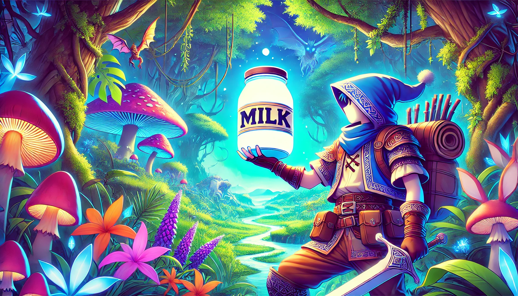 "Medieval adventurer in a lush, mystical forest holding a glowing container of magical milk, representing milk hunting in another world raws."