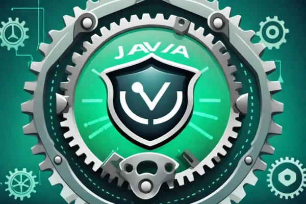 "Illustration of optimizing a Java application with guide etsjavaap, featuring a Java logo, performance metrics dashboard, gears, and a security shield on a blue-green gradient background."