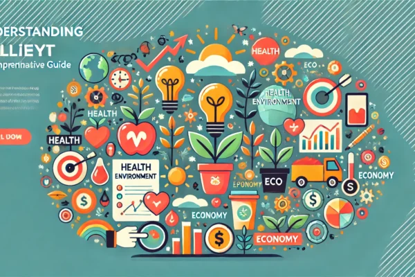 Illustration of Mıllıeyt representing health, environment, economy, and sustainability, with icons symbolizing growth, nutrition, eco-friendliness, and market potential.