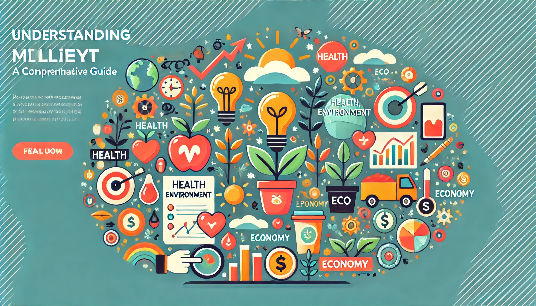 Illustration of Mıllıeyt representing health, environment, economy, and sustainability, with icons symbolizing growth, nutrition, eco-friendliness, and market potential.