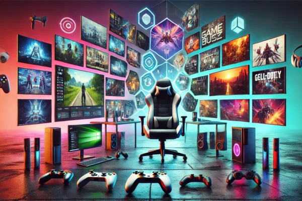 Futuristic gaming setup with multiple screens displaying popular games, a sleek gaming chair, and vibrant colors, highlighting the latest gaming updates from Feedgamebuzz.