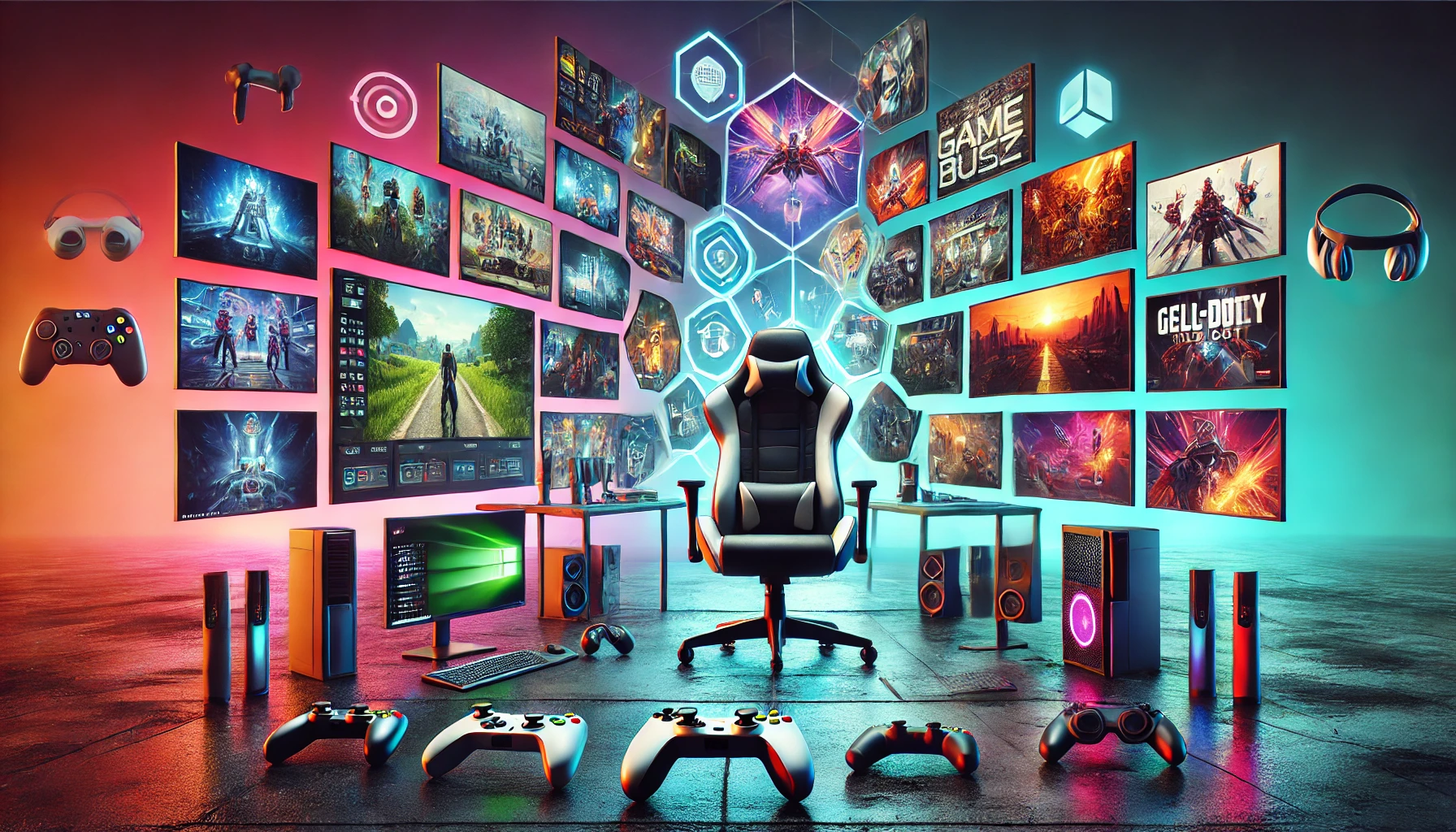 Futuristic gaming setup with multiple screens displaying popular games, a sleek gaming chair, and vibrant colors, highlighting the latest gaming updates from Feedgamebuzz.