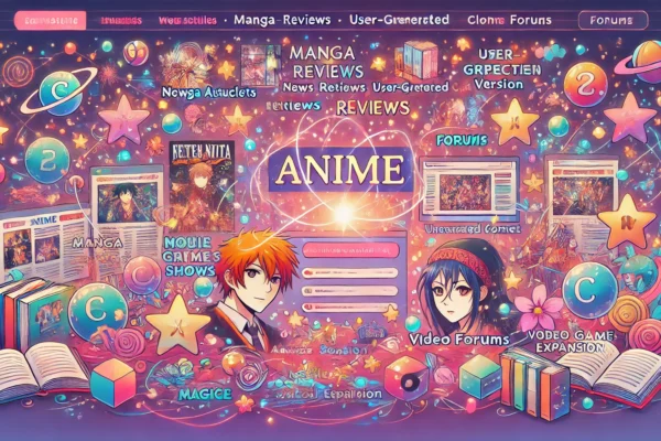 Illustration of the Sankaka Complex website showcasing news articles, reviews, user-generated content, and forums for anime, manga, and video games, with vibrant, community-focused design.