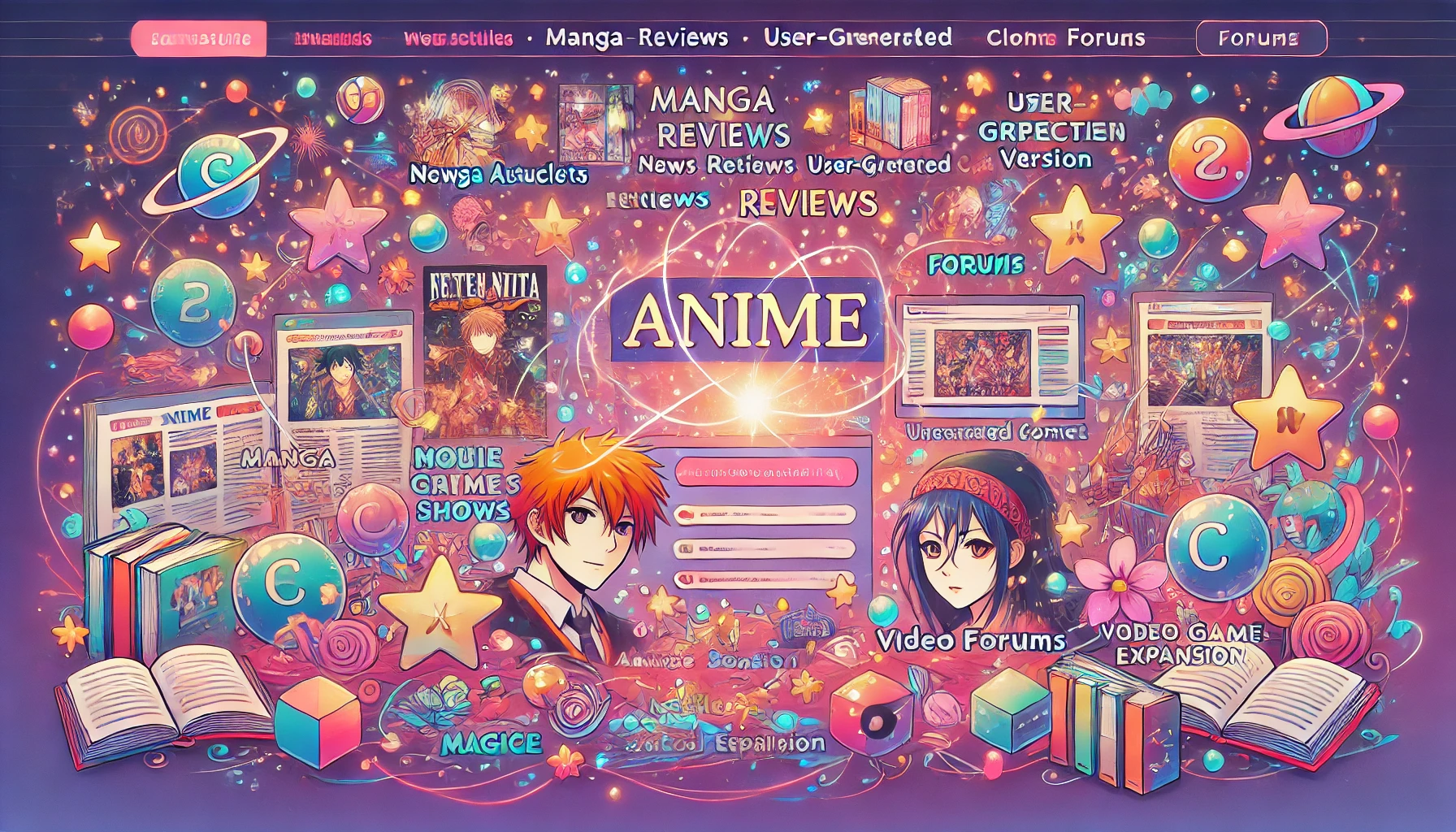 Illustration of the Sankaka Complex website showcasing news articles, reviews, user-generated content, and forums for anime, manga, and video games, with vibrant, community-focused design.