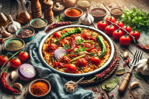 Traditional Turkish dish çeciir plated on a rustic wooden table with fresh ingredients like tomatoes, garlic, and herbs scattered around, showcasing the vibrant colors and rich flavors of Turkish cuisine.