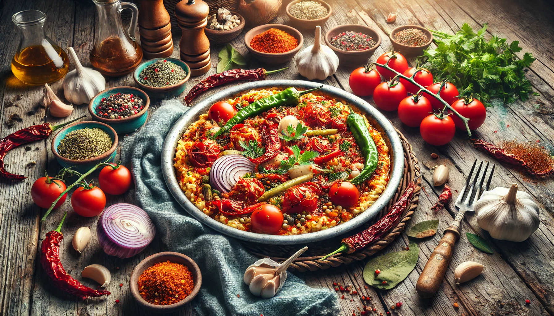 Traditional Turkish dish çeciir plated on a rustic wooden table with fresh ingredients like tomatoes, garlic, and herbs scattered around, showcasing the vibrant colors and rich flavors of Turkish cuisine.