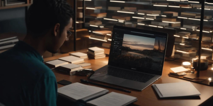 A college student using a laptop to do research for his school project.